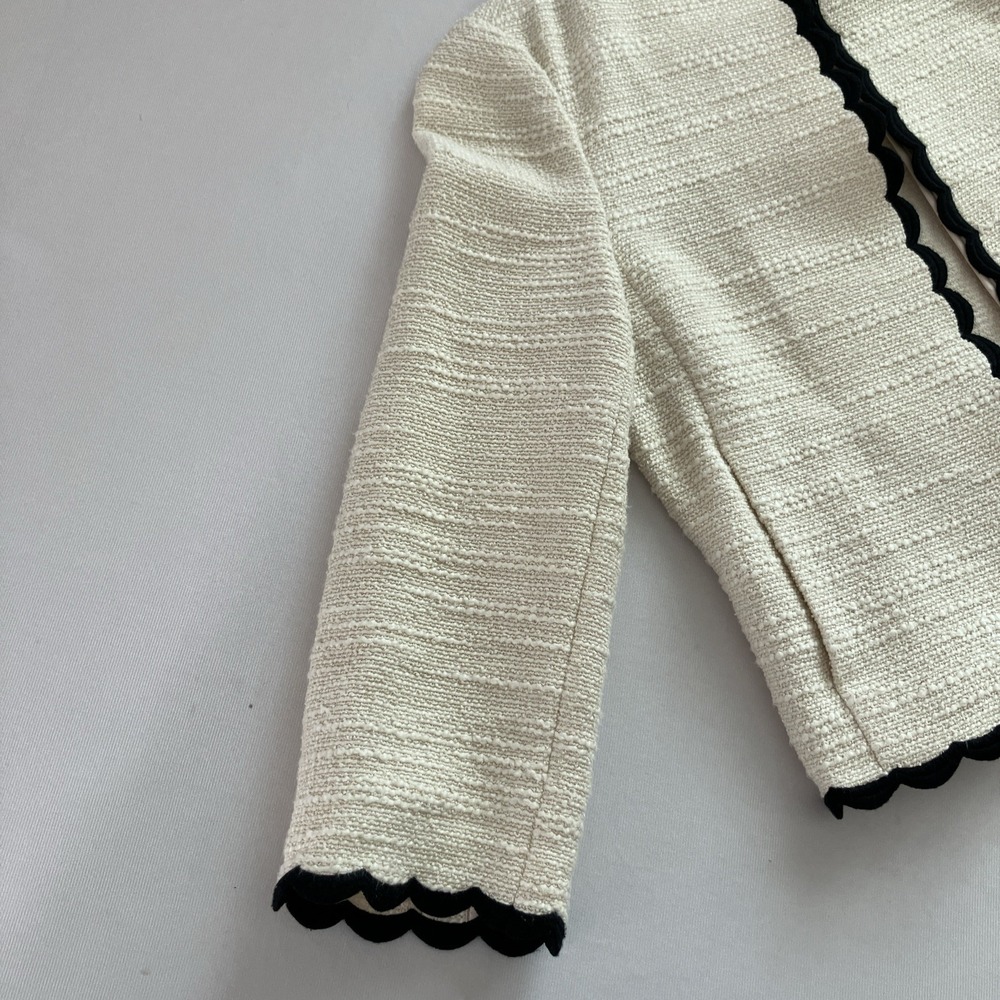 Kate Spade Tweed Jacket Womens Size 2 Cream Black Scallop Trim 3/4 Sleeve Career - Picture 6 of 12